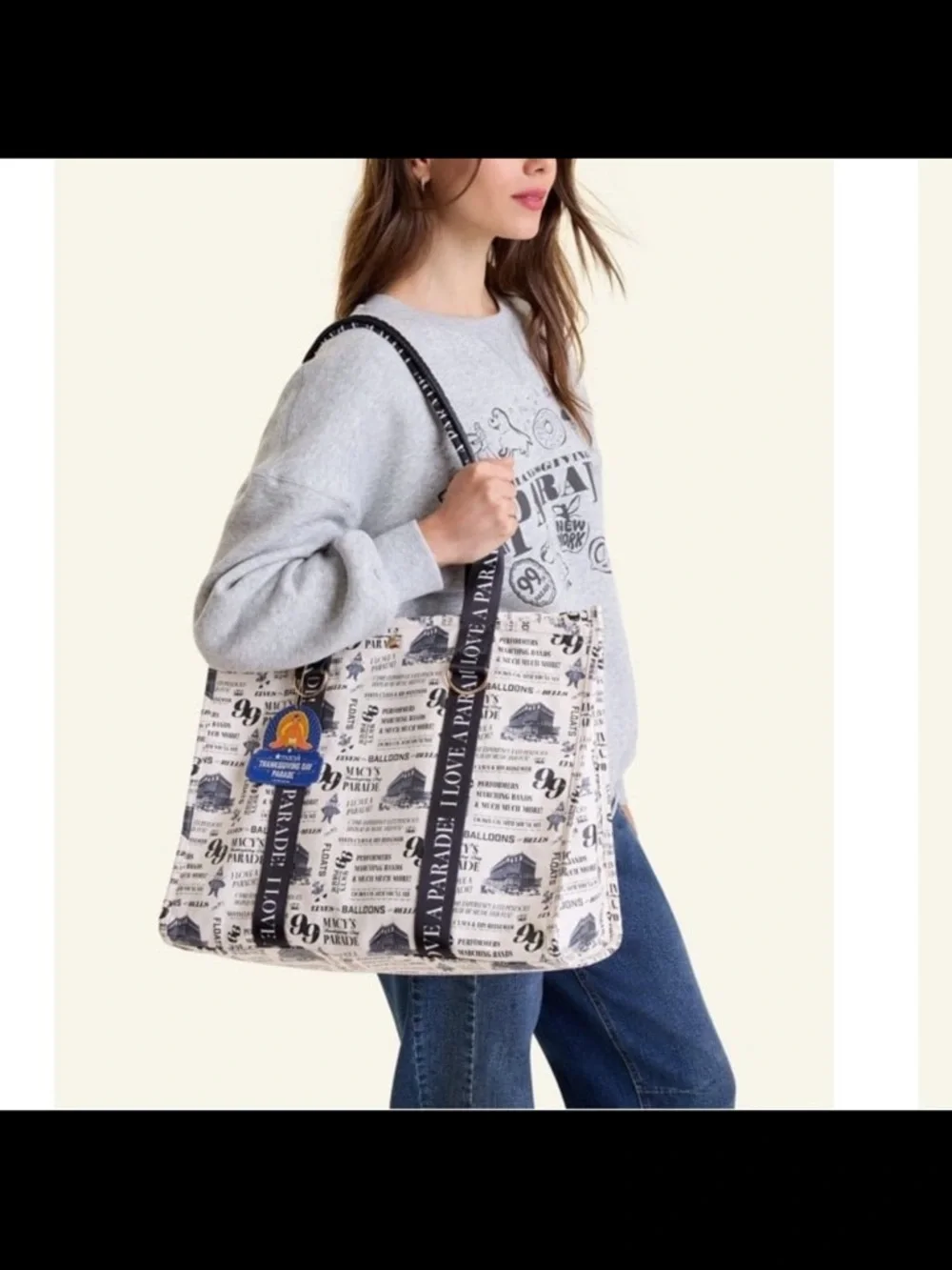 Macy's Cream Printed Tote with Black Logo Straps